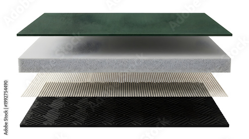 Professional Yoga Mat Layer Breakdown with Premium Surface Dense Cushion Core and Traction Base Material Isolated White