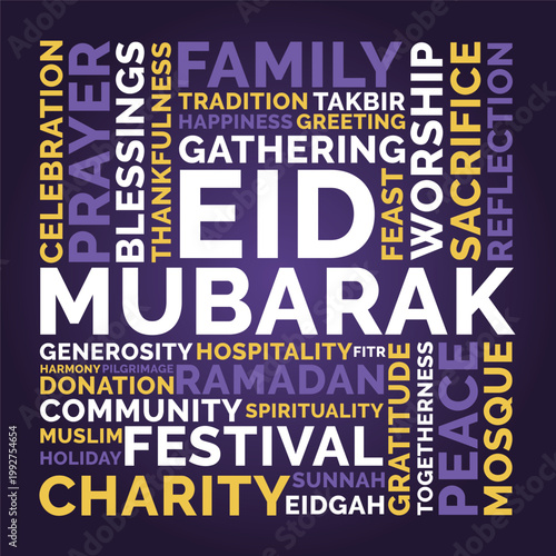 Eid Mubarak Word Cloud Design for Poster, Wall Art, Social Media Banner. Eid Mubarak purple gold bold typography