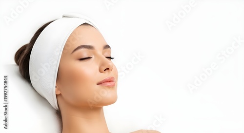 Woman with closed eyes wearing a white headband on a white background receiving facial treatment