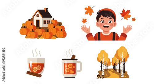 Flat design vector illustration of autumn harvest celebration with happy child and warm seasonal drink in fall woods lifestyle