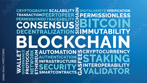 Blockchain Word Cloud Poster, Blue Cryptocurrency Technology Typography Background Design