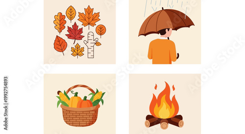 Flat design vector illustration of autumn season harvest celebration with falling leaves and bonfire warmth for lifestyle marketing