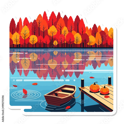 Autumn forest reflection with a wooden boat and pumpkins at a pier in a peaceful landscape illustration isolated on transparent background for seasonal design