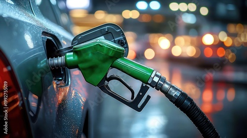 Close-up of green fuel nozzle inserted into a car fuel filler at a wet urban gas station at night with warm bokeh lights, evoking convenience and readiness