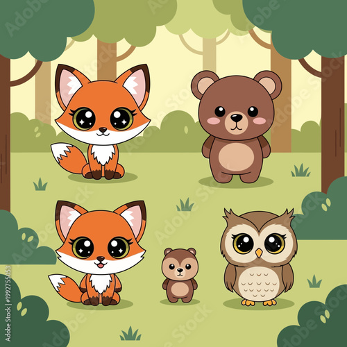 Cute cartoon forest animals including fox bear and owl characters standing together in a natural woodland environment with bright lighting and happy friendly mood