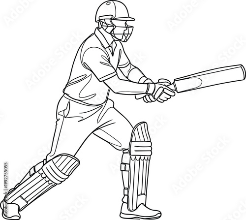 Cricket batsman playing shot line art illustration with protective gear sports action outline drawing dynamic athlete pose