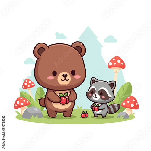 Cute cartoon bear and raccoon characters picking red berries in a magical forest environment with colorful mushrooms and friendly atmosphere for children book illustration