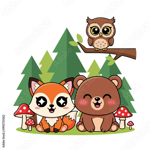 Cute cartoon animals like a bear fox and owl sitting together in a forest setting featuring woodland mushrooms and trees in a digital vector illustration