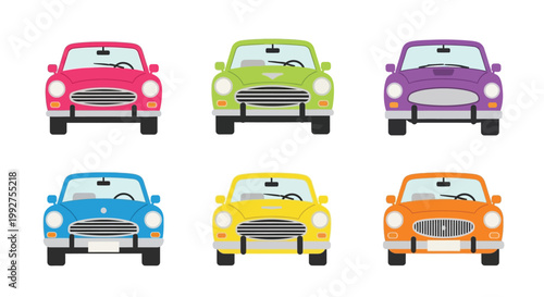 Colorful retro cars arranged in a grid front view illustration