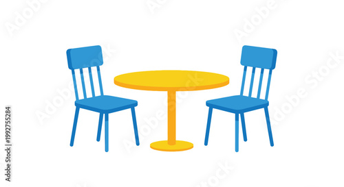 Simple illustration of a yellow round table with two blue chairs