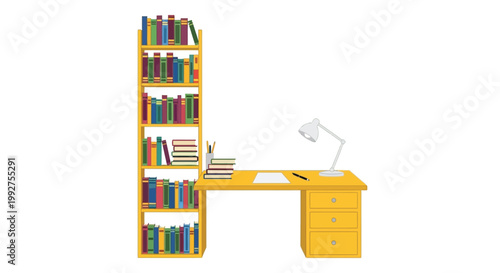 A brightly colored desk setup with a full bookshelf and lamp