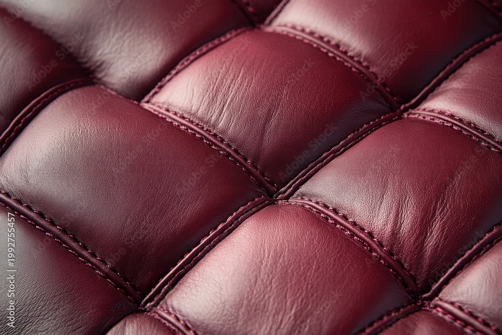 Naklejka premium close-up of quilted burgundy leather upholstery with stitched tufted squares conveying luxurious cozy comfort