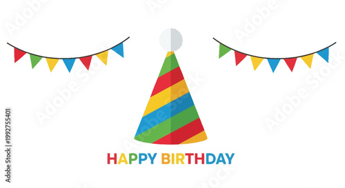 Colorful birthday decorations including a party hat and festive bunting flags