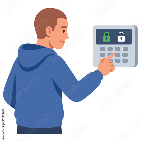 Man interacts with electronic security panel displaying locked and unlocked symbols.
