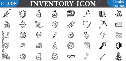 Set of 40 game inventory icons, line art collection, fantasy equipment vector symbols for ui design