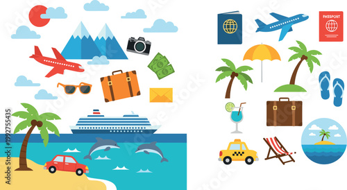 Flat Travel Vacation Icons Set with Cruise Ship Beach Airplane and Passport