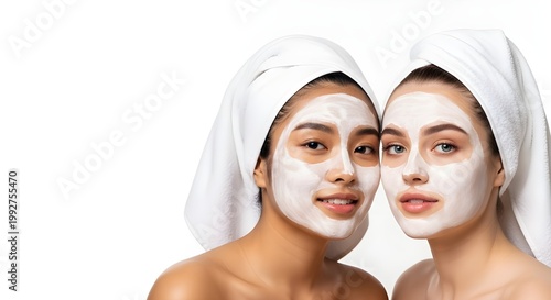 Two young women with facial masks and towels on their heads smiling