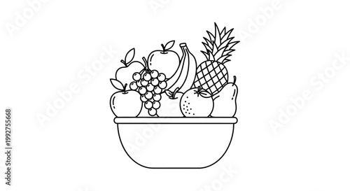 Black and white line drawing of a fruit bowl with various produce