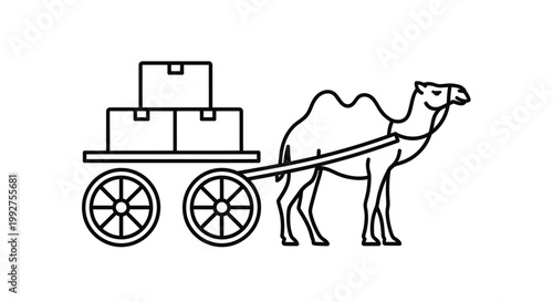 Simple line drawing depicts a camel pulling a cart with boxes