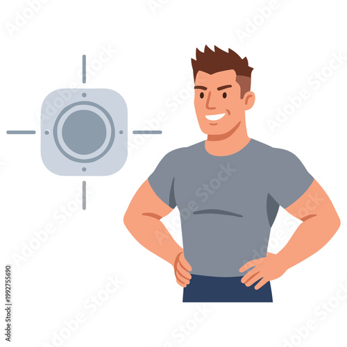 A smiling man stands confidently with hands on hips beside a graphic