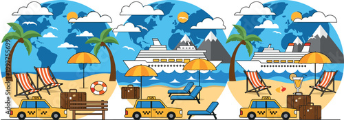 World Travel Vacation Set with Beach Cruise Ship Taxi and Globe Background