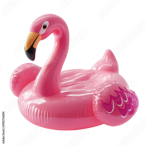 A large pink inflatable flamingo pool float toy isolated on transparent background