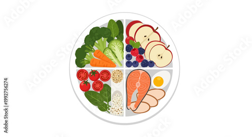 Healthy food plate, balanced diet, nutrition concept, vector icon