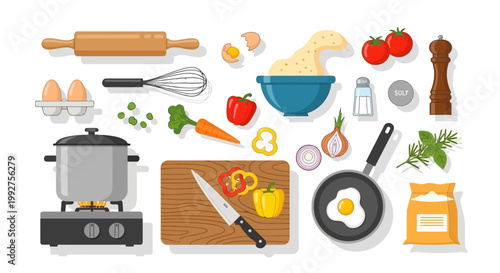 Kitchen Utensils, Cooking Ingredients, Flat Icons, Vector Set