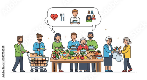 Food donation, charity, community, people, illustration, vector graphics, food bank, volunteer, giving, helping, colorful