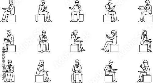 Vector illustration, Outline silhouettes of people, Contour drawing, people silhouette, Icon Set Isolated , Silhouette of sitting people, Architectural set 