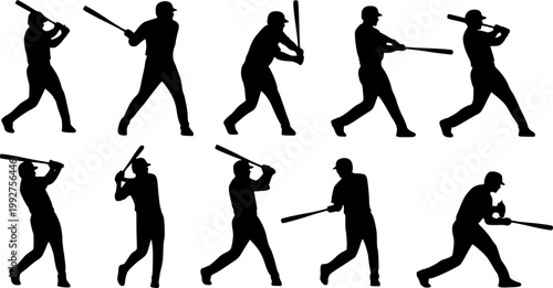 set of silhouettes of baseball player swinging the bat with different pose, gesture. batter. isolated on white background. vector illustration.
