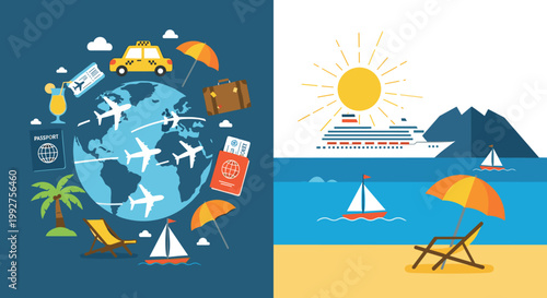 World Travel and Summer Beach Vacation Flat Vector Illustration with Globe, Airplane, Cruise Ship, Sailboat, and Tropical Holiday Elements
