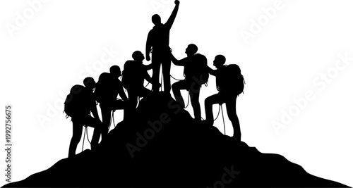 Silhouette of five climbers who climbed to the top of the mountain, working as a team. Conceptual business scene of teamwork and success

