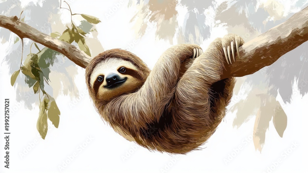Fototapeta premium content sloth hanging from a tree branch with long claws and gentle smile amid soft leafy painted background