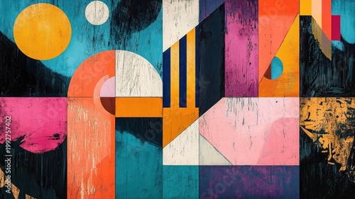 vibrant geometric abstract mural of circles, arcs, rectangles and triangles on distressed painted wood conveying a playful, energetic mood