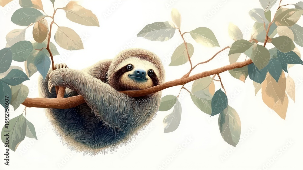 Fototapeta premium content sloth hanging from a leafy branch with a peaceful smiling expression