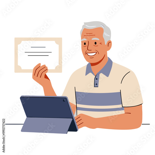 Older man sitting indoors showing certificate on tablet with smile