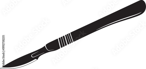 A stark black silhouette of a surgical scalpel against a white background silhouette