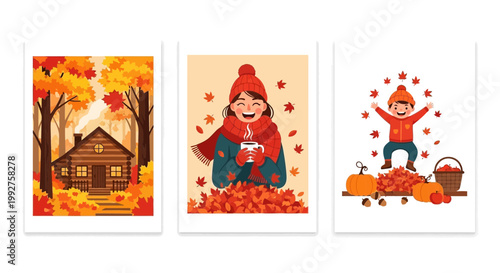 Flat design vector illustration of autumn season family enjoying warm cozy home life with vibrant fall foliage and cheerful lifestyle mood