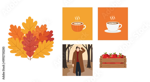 Flat design vector illustration of autumn leaves and hot beverage icons with harvest fruit in a warm outdoor lifestyle setting
