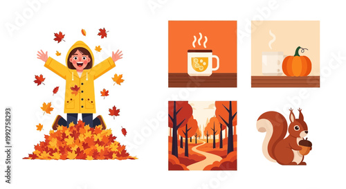 Flat design vector illustration of autumn season joy with happy child and cute fox in colorful fall woods lifestyle concept