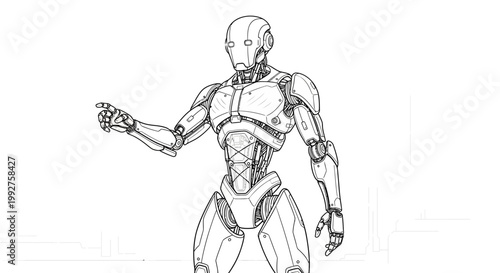 Futuristic Humanoid Robot Sketch Drawing. Detailed Line Art Illustration for AI, Technology, and Automation Concepts.