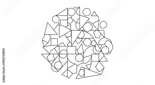 Detailed abstract composition of interconnected black outline geometric shapes including circles, triangles, squares, and polygons, on white.