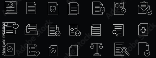 Legal document line icons set. Contract, agreement, law, signature, notary, legal brief, court, compliance, terms conditions and more. vector illustration