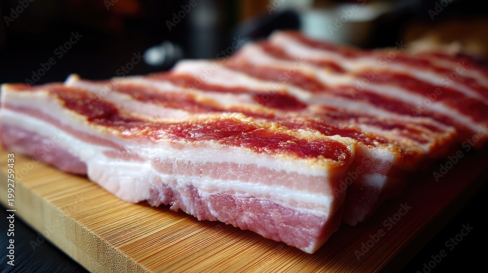 Obraz premium Freshly Cut Raw Pork Belly on a Bamboo Cutting Board Perfect for Culinary Preparation in a Kitchen Setting