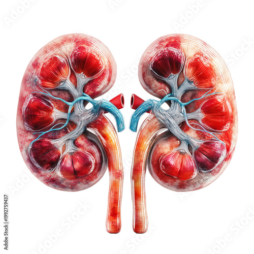 Anatomical illustration of human kidneys with blood vessels isolated on transparent background
