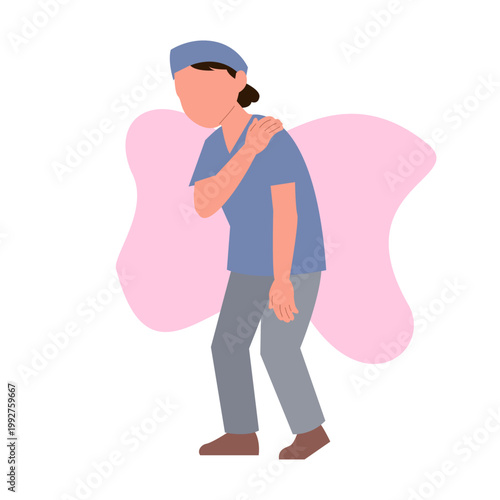 Woman suffering shoulder pain muscle strain body ache flat vector illustration