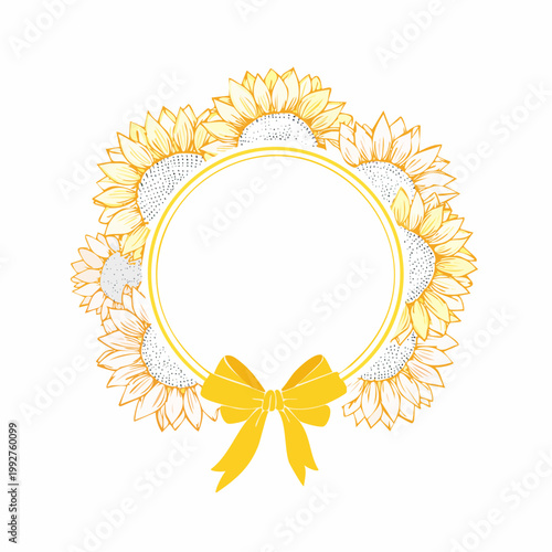 向日葵夏花円形フレームかわいい黄色リボン線画植物枠素材