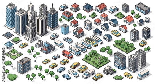 Isometric City Buildings and Vehicles Collection.