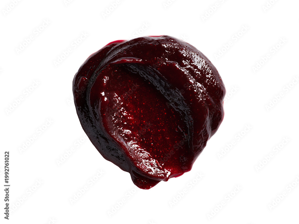 Obraz premium A dollop of dark red jam with visible fruit seeds and a glossy sheen is isolated on a plain white background, showcasing its texture and rich color.